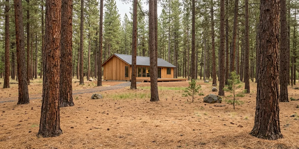 Well-spaced ponderosa pines around a cabin after selective forest thinning in North Idaho
