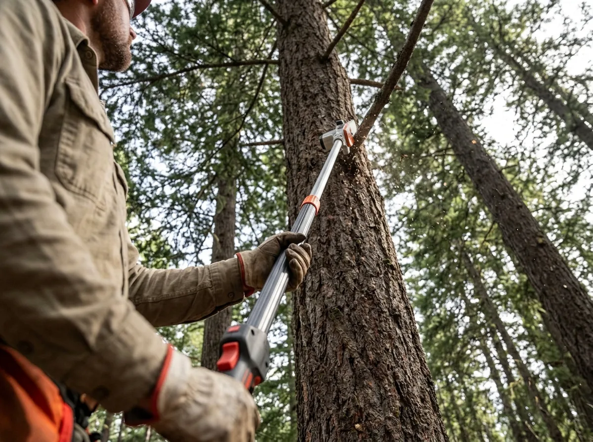 Crew member limbing the lower branches of a conifer to remove ladder fuels