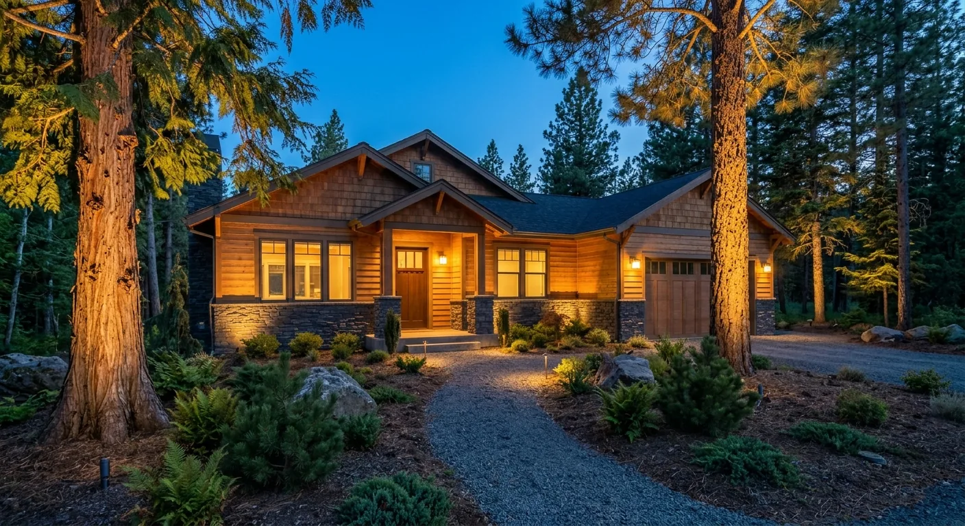 Low-voltage landscape lighting on a Sandpoint home at dusk