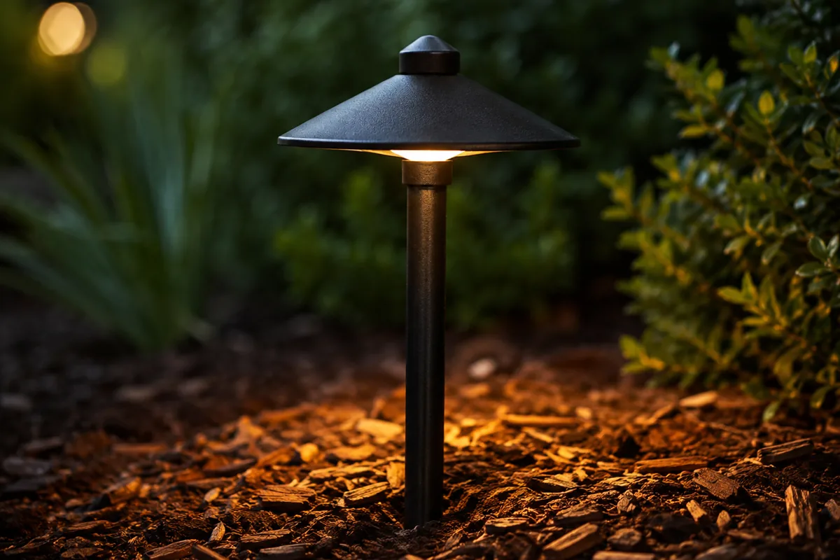 Low-voltage path light fixture glowing warm in a mulched bed at night