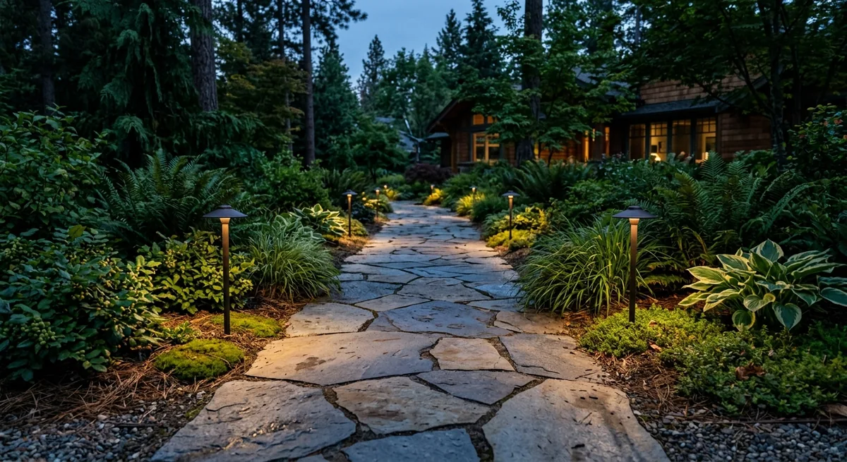 Low path lights along a natural stone walkway at dusk