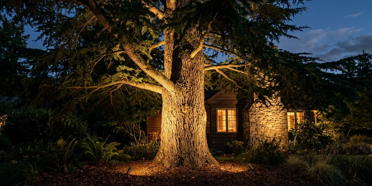 Warm uplighting at the base of a mature tree beside a North Idaho home