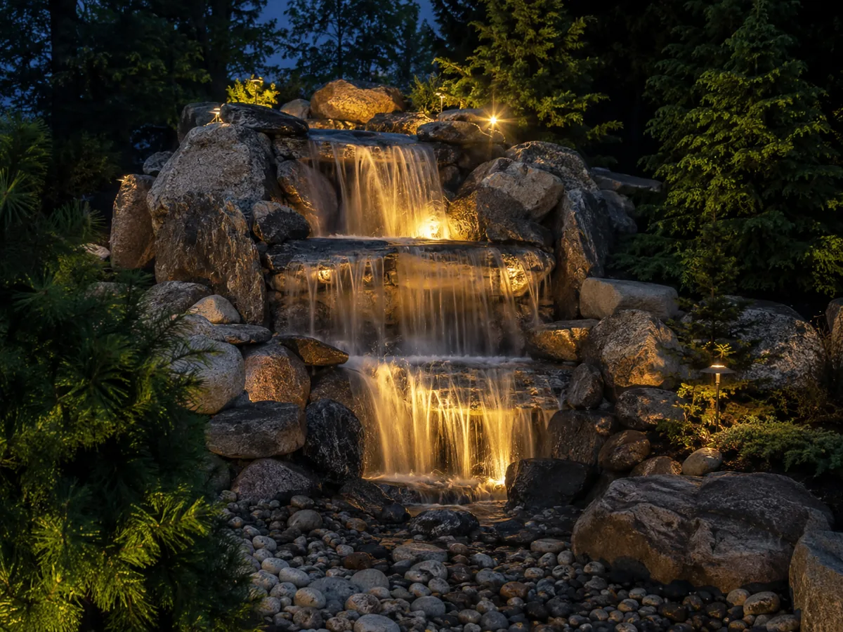 Pondless waterfall lit from within at night in a North Idaho backyard